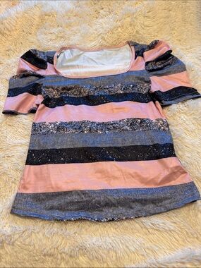 SHEIN Pink Black Gray Striped Short Sleeve Top